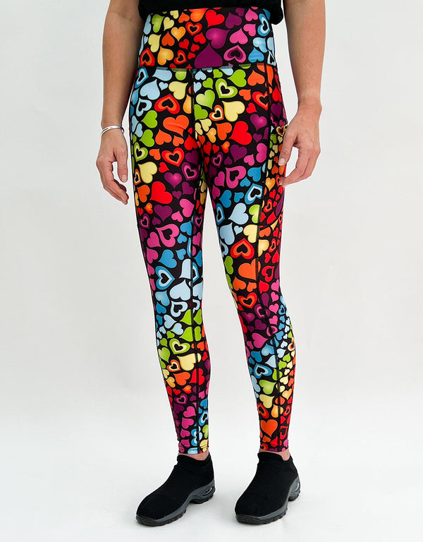Colorful rainbow hearts pattern gym leggings with high waist and side pockets