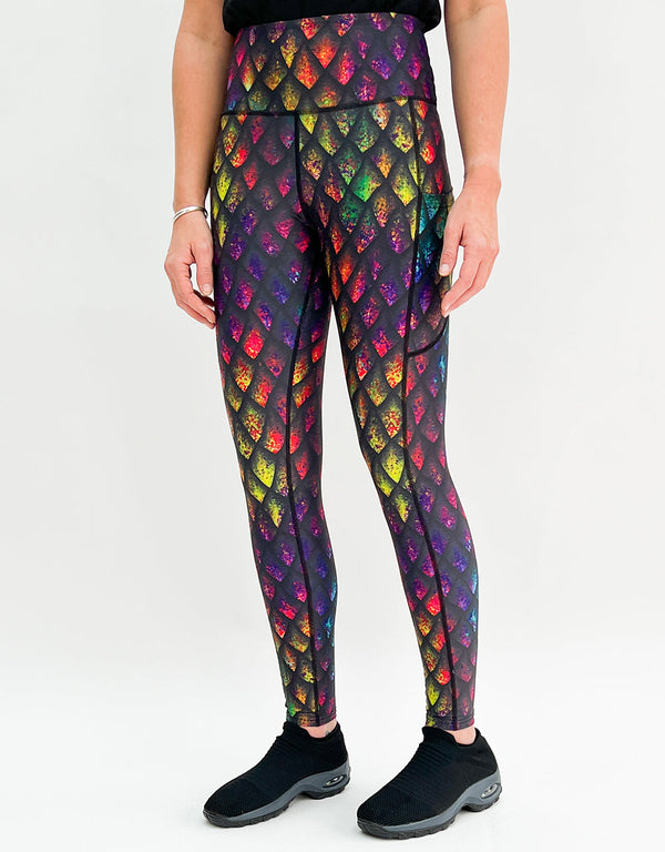 Leggings with rainbow dragon scales pattern and pockets, colorful activewear design
