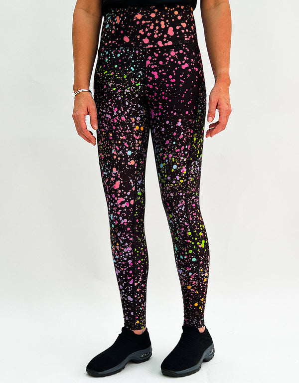 Pink Galaxy Activewear leggings with colorful speckled space-inspired pattern and pockets