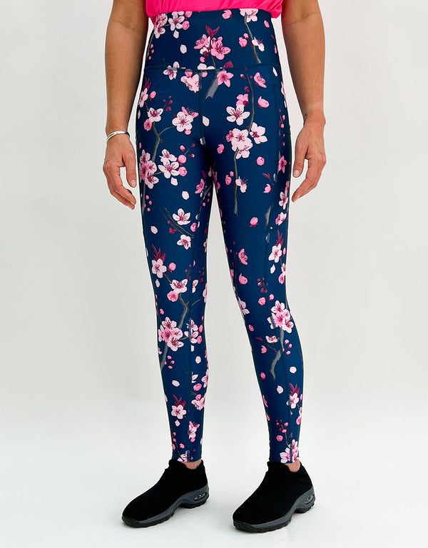 Women's navy leggings with pink cherry blossom pattern activewear with pockets