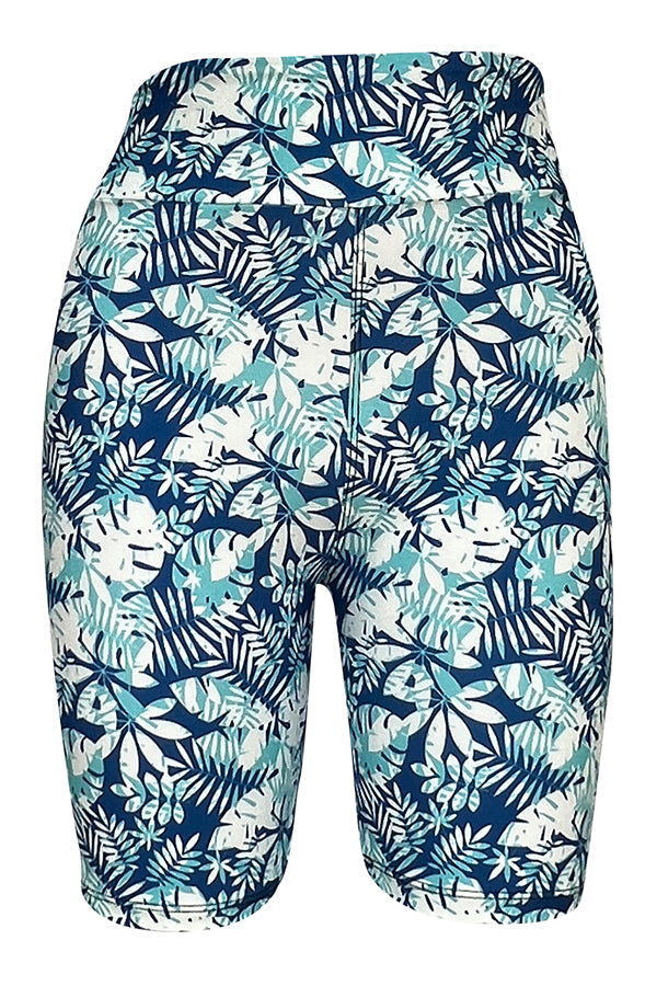 Blue and white tropical print tight shorts with elastic waistband for comfortable summer wear