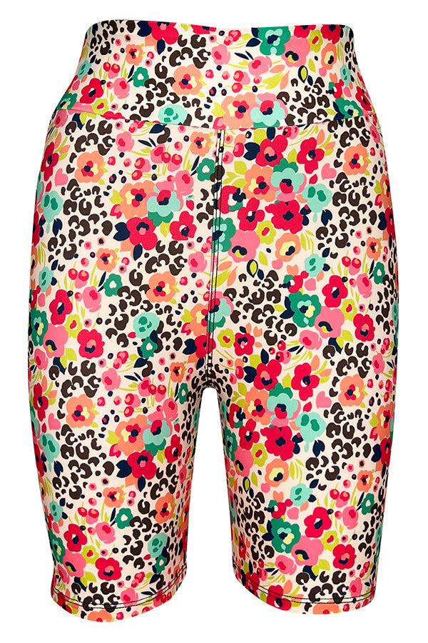 Colorful floral and leopard print tight shorts with elastic waistband for a stylish summer look