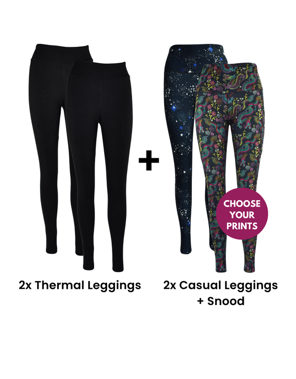 Two pairs of thermal leggings and two pairs of casual leggings with a snood, on a white background.