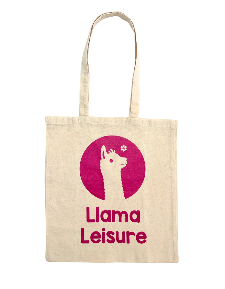 Natural cotton llama tote bag with pink llama graphic and text "Llama Leisure"