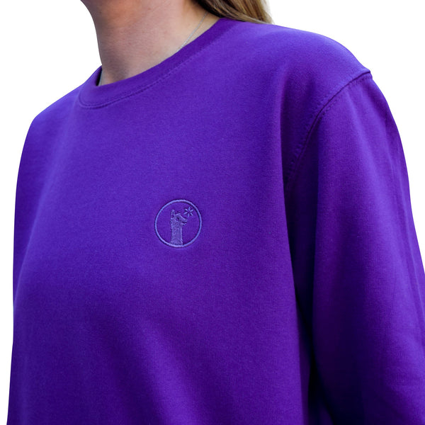 Purple Passion Llama sweatshirt in rich purple with embroidered logo, brushed fleece interior, and relaxed fit for comfort and warmth