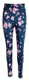 Women's leggings for women with vibrant pink cherry blossom floral print on navy blue background, high-waisted design